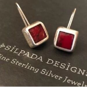 Silpada Rare HTF Sterling Silver & Red Stone Square French Wire Drop Earrings